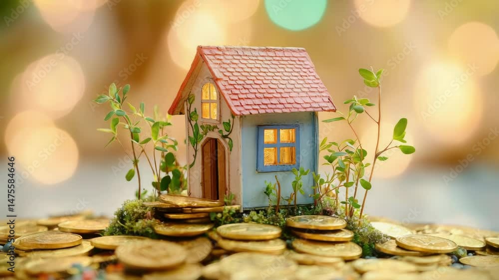 Poster a small house perched on top of a stack of coins, great for financial or wealth-related concepts