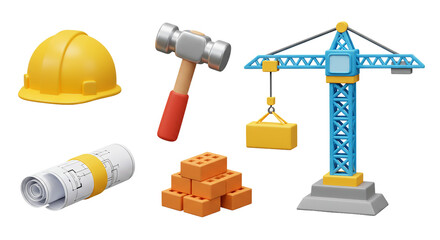A construction scene featuring a hard hat, hammer, blueprint, bricks and a construction crane model