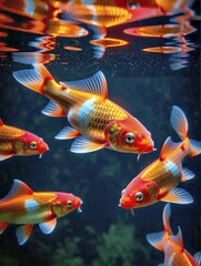 Fototapeta premium Koi Fish Swim Gracefully in Clear Water Pond