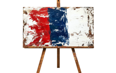 Artist easel displaying a painted canvas of the French flag with brushes and painting tools beside it