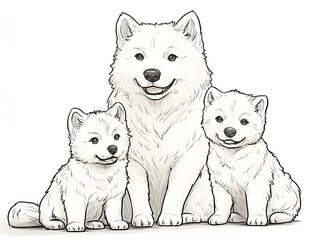 A happy Samoyed mother dog sits proudly with her two adorable fluffy white puppies.