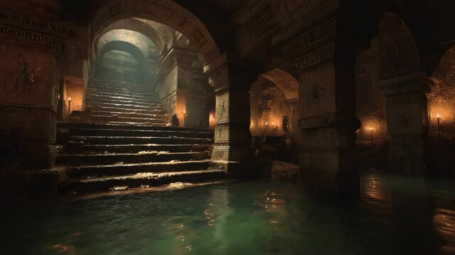 ancient temple made of rock in cave with pool, mysterious fantasy world background