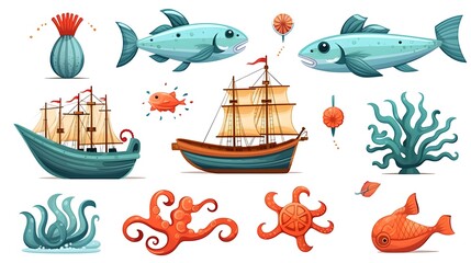 Colorful Cartoon Marine Icons Vector Illustration for Educational Material