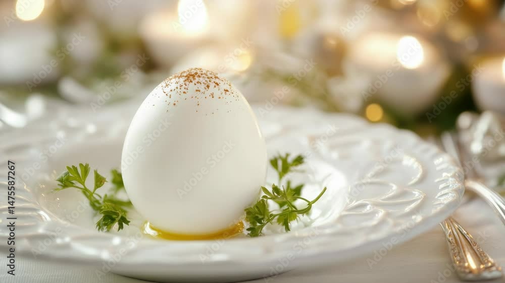 Aufkleber a simple breakfast or brunch setup featuring an egg on a white plate accompanied by a sprig of parsl