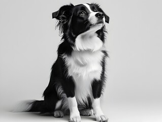 Fototapeta premium A beautiful black and white Border Collie dog sits attentively gazing upward against a plain grey background.