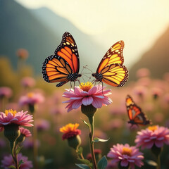 Fototapeta premium image of beautiful colorful butterflies perching on flowers and sucking honey from the flowers