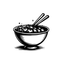 Graphic vector illustration of bowl with fruits and chopsticks in dark lines