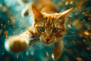 Dynamic action shot of an orange cat jumping forward surrounded by dramatic motion and light effects, expressing agility and playful curiosity