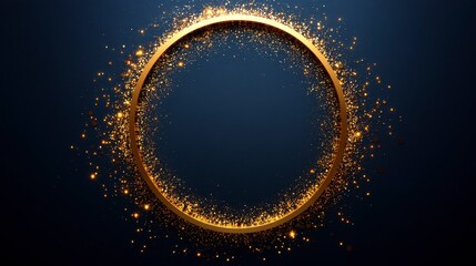 Golden circle with sparkling particles on a dark blue backdrop creates an elegant, festive feel