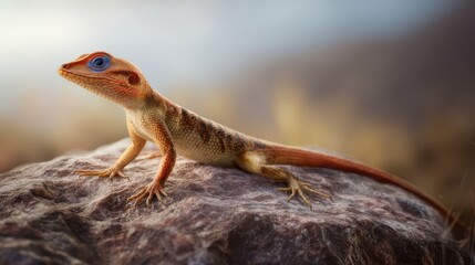 Fototapeta premium A red, blue, and white lizard, an African agamid lizard with a red head, blue body, and white belly, perched on a rock
