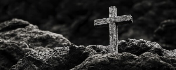 Black-and-white photograph of an old wooden cross atop black rocks, isolated against a dark background with copy space Generative AI