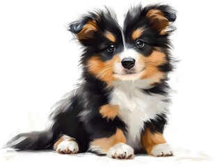 Fototapeta premium Adorable fluffy tricolor puppy dog sitting on white background looking directly at the camera with big expressive eyes.