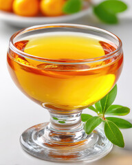 Golden beverage in delicate glass bowl