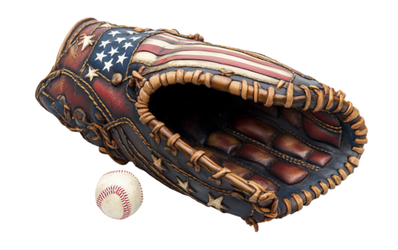 Baseball mitt featuring a flag motif with a ball placed beside it, representing the spirit of American sports