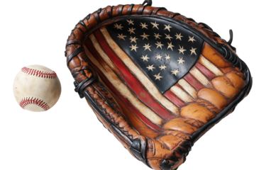 Flag-themed baseball mitt with a ball beside it, showcasing a patriotic touch for sports enthusiasts