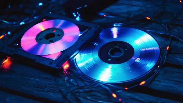 A pair of CDs sitting on top of a wooden table, ready for music listening