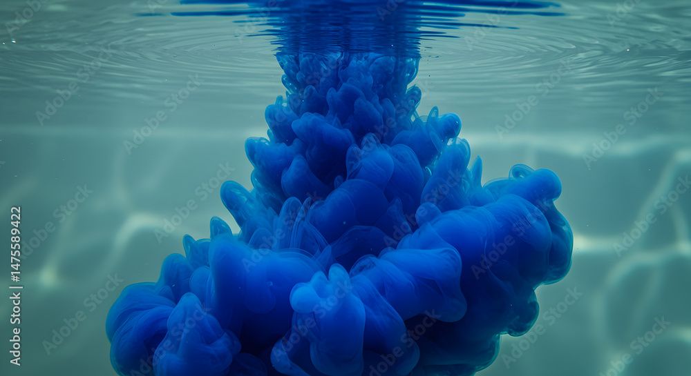 Poster cobalt swirl dissolving into azure depths underwater in motion