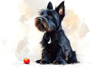 A charming black Scottish Terrier puppy sits attentively beside a small red ball against a soft, painterly background.