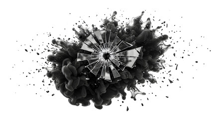 Shattered Reflections: Abstract Explosion of Broken Glass and Ink Cloud
