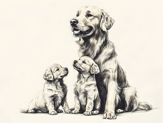 A beautiful mother Golden Retriever sits proudly with her two adorable puppies in a heartwarming black and white illustration.