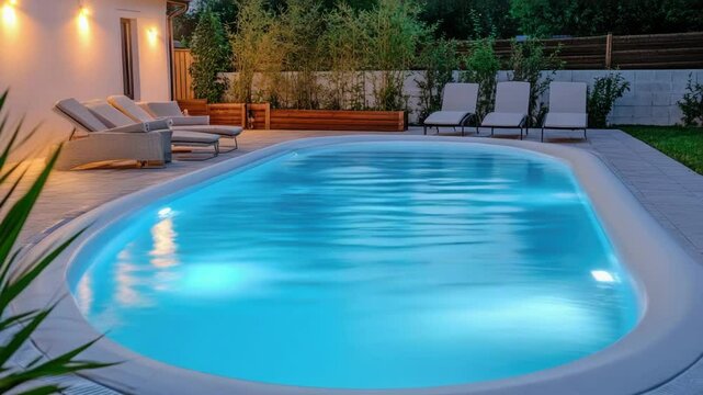A backyard swimming pool surrounded by lounge chairs, perfect for relaxation and sunbathing