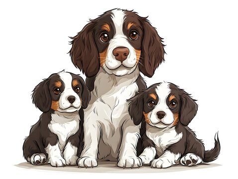 An adorable Sper Spaniel mother and her two charming puppies pose together for a heartwarming family portrait.