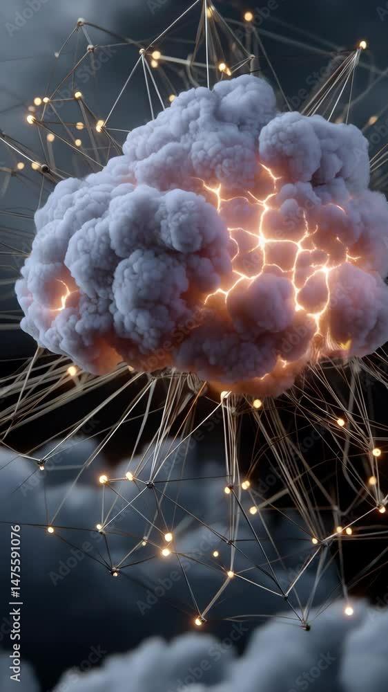 Poster fluffy cloud illuminating network of nodes in a network, representing connectivity, data, informatio