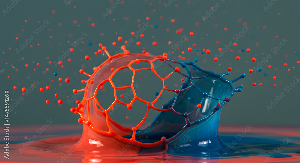 Poster harmonious fusion liquid collision displaying intricate structures bursting forth dynamic tension