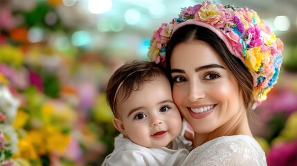 Obraz premium Joyful mother holding baby with flower crown, surrounded by colorful flowers in a vibrant floral setting, capturing love and warmth in a beautiful moment.