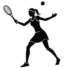  A silhouetted figure of a woman playing tennis, mid-swing as she hits the ball with her racket 