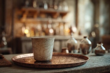 A muted, artistic view of a ceramic mug on a tray.