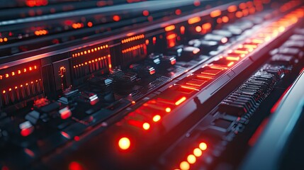Close-up view of server rack components illuminated by glowing red lights.
