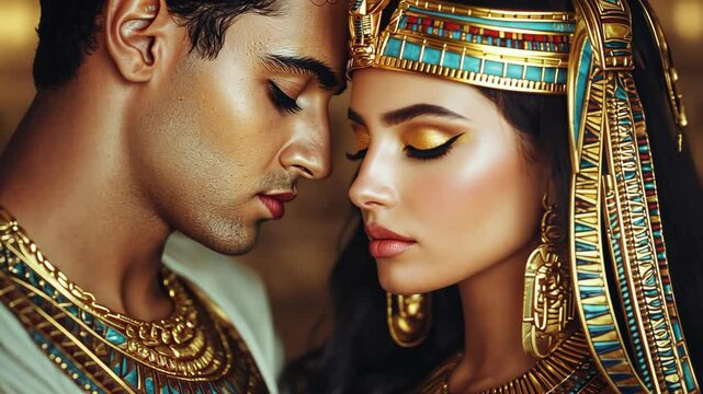 love couple man and woman wearing ancient Egypt king and queen costume standing together look elegance 