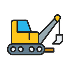 Cartoon Excavator Icon on Black Background, Construction Equipment