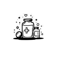 Hand-drawn medical illustration: black and white sketch of medicine bottles