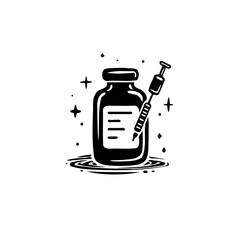Monochrome vaccine vial with syringe depicting medical treatment injection