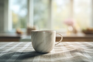 Fototapeta premium A light beige coffee mug on a checkered tablecloth.
