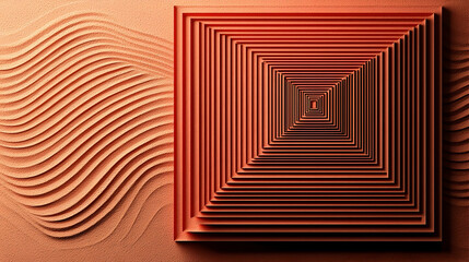 Abstract orange square tunnel receding into wavy background; design, texture, and background concept