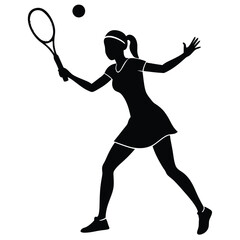  A silhouetted figure of a woman playing tennis, mid-swing as she hits the ball with her racket 