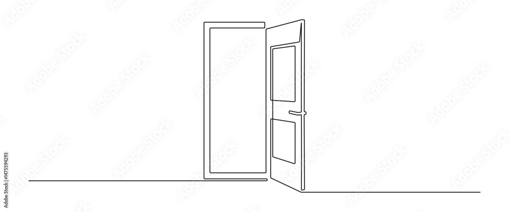Poster Opened door in one continuous line drawing. Front enter and exit to house in simple linear style. Future opportunity concept in editable stroke. Hand drawn vector illustration