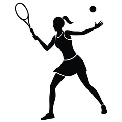  A silhouetted figure of a woman playing tennis, mid-swing as she hits the ball with her racket 