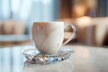 Elegant coffee cup on a crystal saucer, indoors.