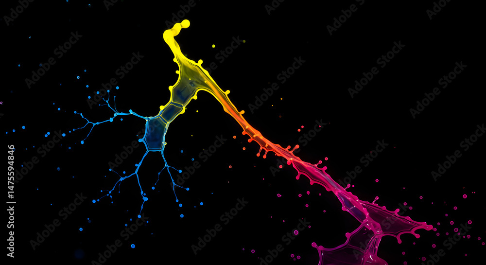 Poster dynamic flow of colorful splashes on a dark backdrop creating liquid art