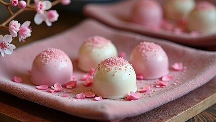 Obraz premium Pink and white chocolate truffles with flower petals on pink plates
