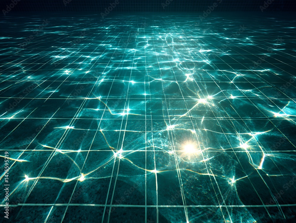 Poster abstract visualization of luminous aquatic surface reflections and grid lines