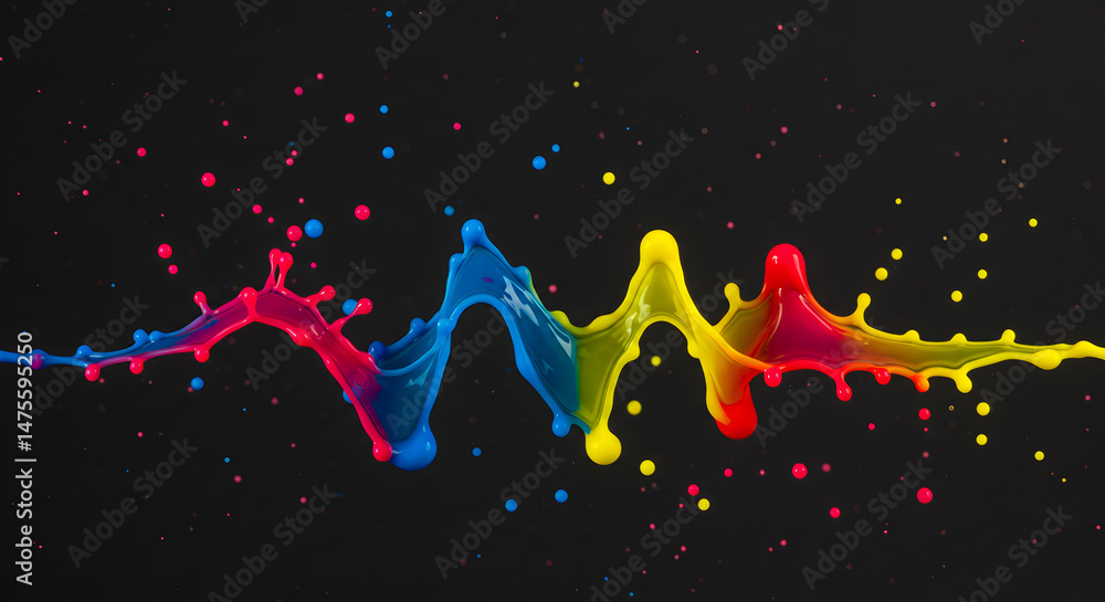 Poster vibrant paint splashes creating dynamic wave formation on dark backdrop