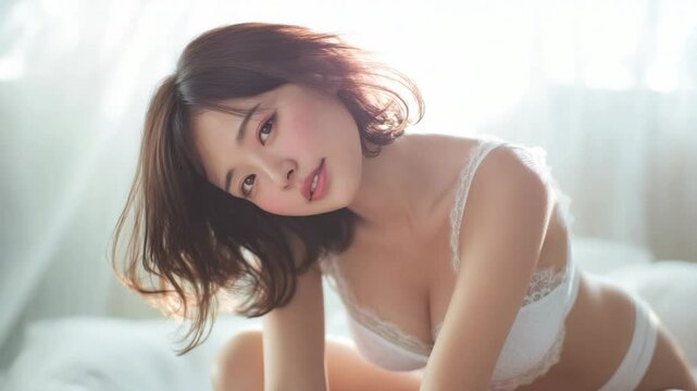 selfie shot of a pretty allure young Asian woman wearing tank top at home smiling to camera