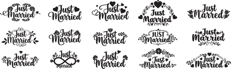 Vintage Just Married Calligraphy Design: Elegant Hand-Drawn Typography with Romantic Floral Accents, Perfect for Wedding Invitations, Marriage Celebrations, Greeting Cards, and Honeymoon Decorations, 