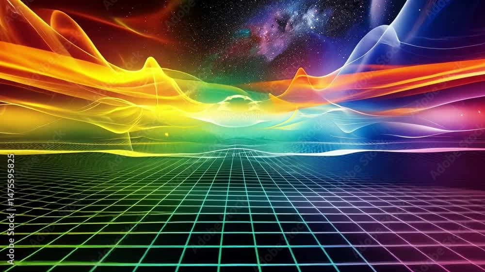 Poster vibrant digital landscape colorful waves and grid patterns in starry background, evoking futuristic 