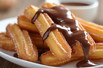 Delicious golden churros drizzled with rich chocolate sauce served on a white plate, showcasing a tempting dessert experience with a warm and inviting ambiance